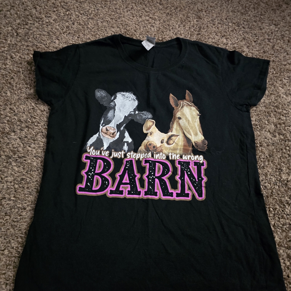 Black T-Shirt with Barn Animal Print